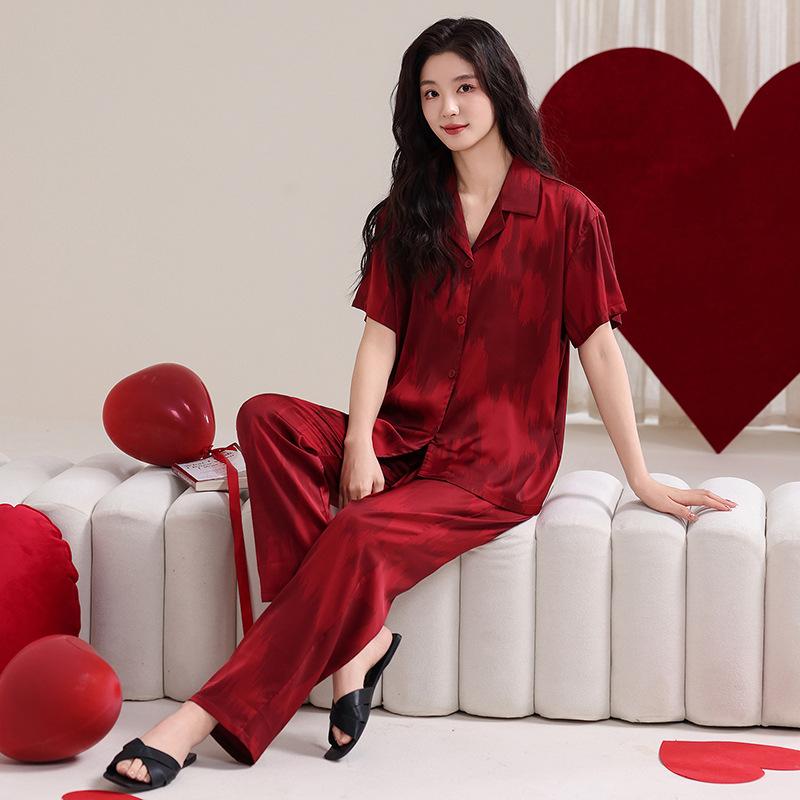 Couple Pajamas Ice Silk Summer Wedding Short Sleeves Trousers Red Loungewear Women's Wedding Engagement Men's Suit