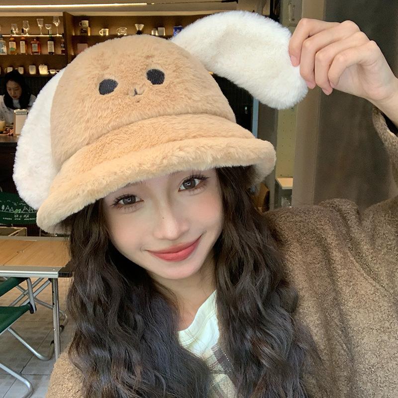 Puppy ears plush bucket hat female winter cute student versatile small face thickened warm basin hat