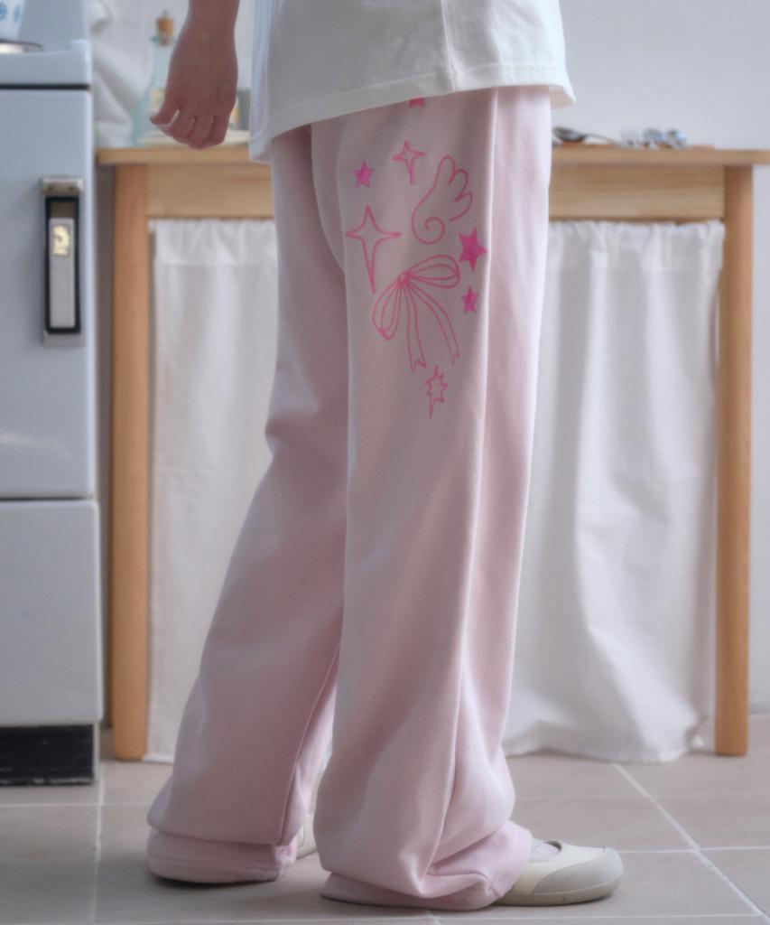 AMBLER Angel And Ribbon Embroidered Pintuck 2-Way Wide Training Sweatpants Ap1002 (Pink)