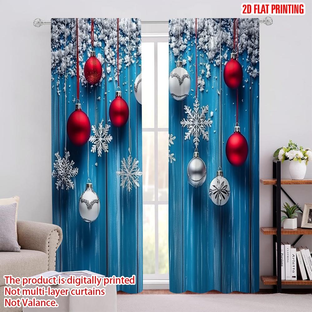 

2pcs 2D flat printing Merry Christmas Popular Window Drapes Winter Wonderland Blue Christmas Ball Machine Washable Polyester 100*130 Rod Pocket 1pcs
