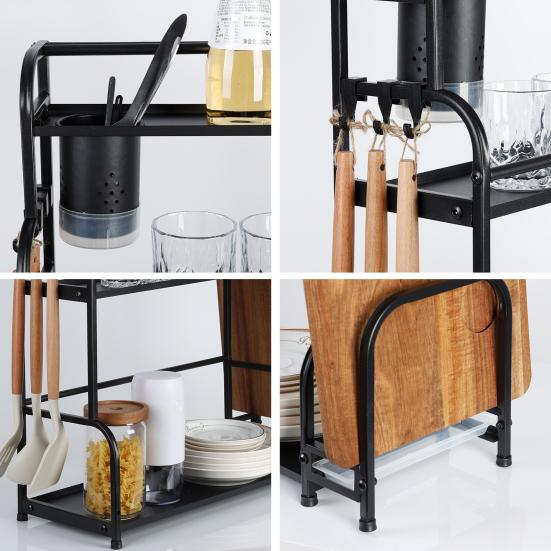 Standing Spice Rack, 3-Tier Kitchen Countertop Shelf with Stepped Design, Spice Rack Organizer and Hooks, Utensil Holder, Chopping Board Holder, Black