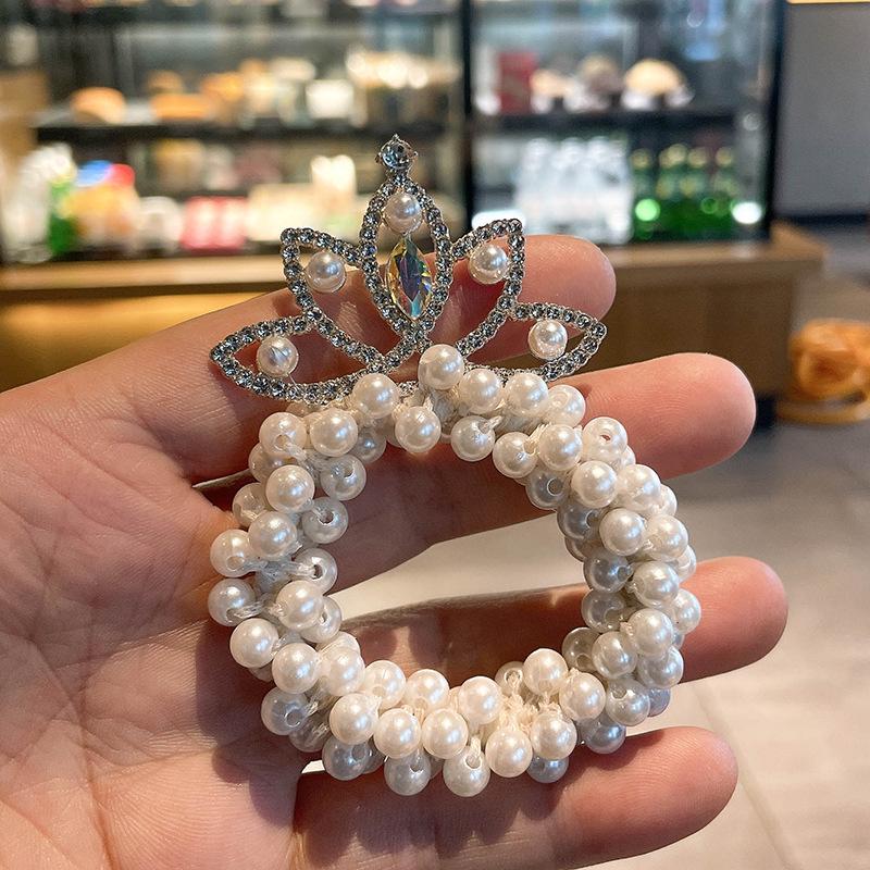 Pearl Crown High Ponytail Hair Ring for Girls - Cute Elastic Headband Accessory for Children