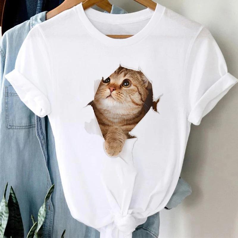 Harajuku Women's Short Sleeve T Shirt Casual White Tops Female Clothing T-shirt Cat Print Ladies Gothic Tshirts