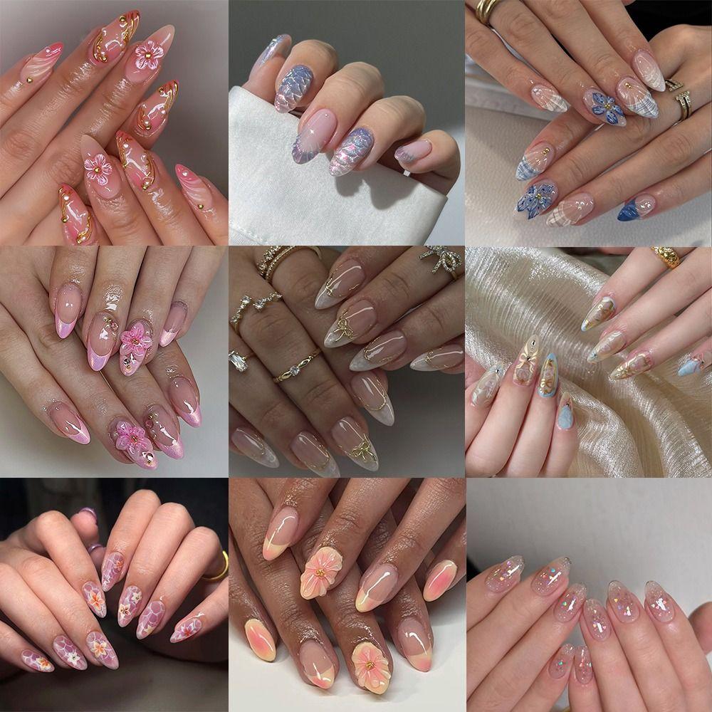 24pcs Long Almond Fake Nails Metallic Bow Press On Nails Manicure False Nails  DIY
