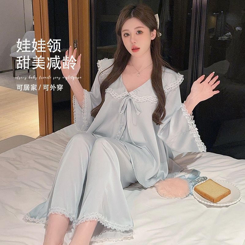 Spring and summer new ice and snow silk pajamas women s long-sleeved trousers bow doll collar court style sweet and cute ice silk m ( 45-55kg )