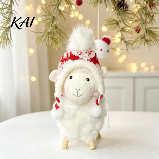 Soft Fabric Animal Figurines Plush White Sheep Christmas Ornament, Cute Knit Hat Lamb Tabletop Decoration, Desktop Festive Ornaments