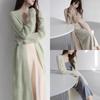 Mohair hollow knitted cardigan women's thin spring and autumn sunscreen loose solid color lazy wind medium and long coat