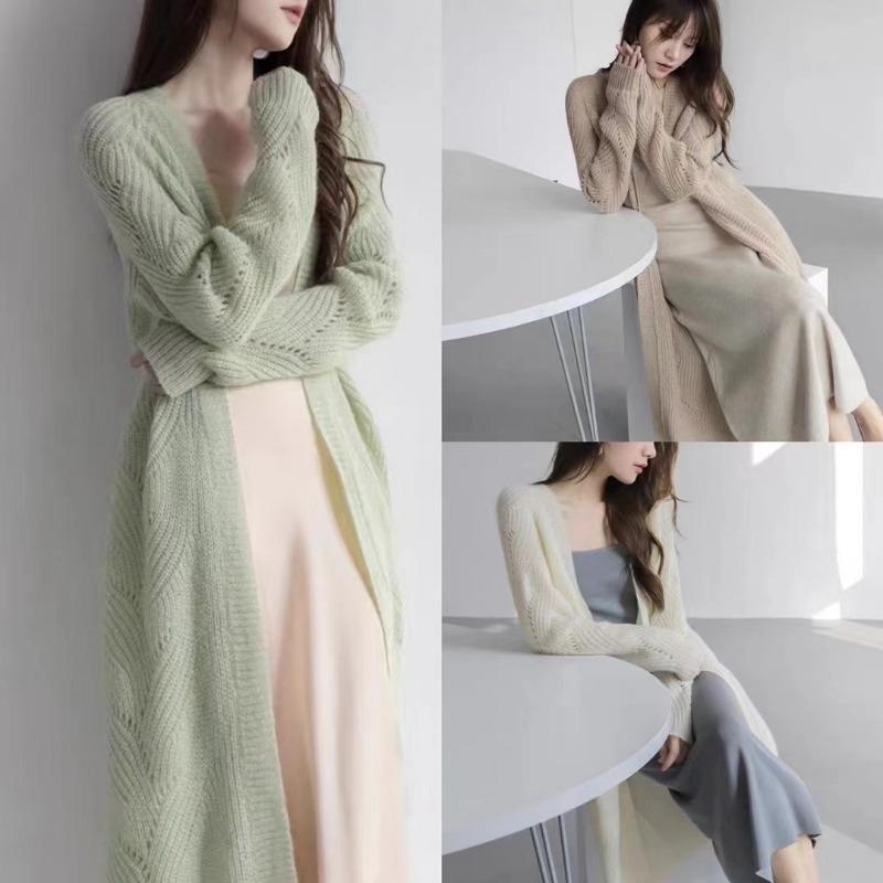 Mohair hollow knitted cardigan women's thin spring and autumn sunscreen loose solid color lazy wind medium and long coat
