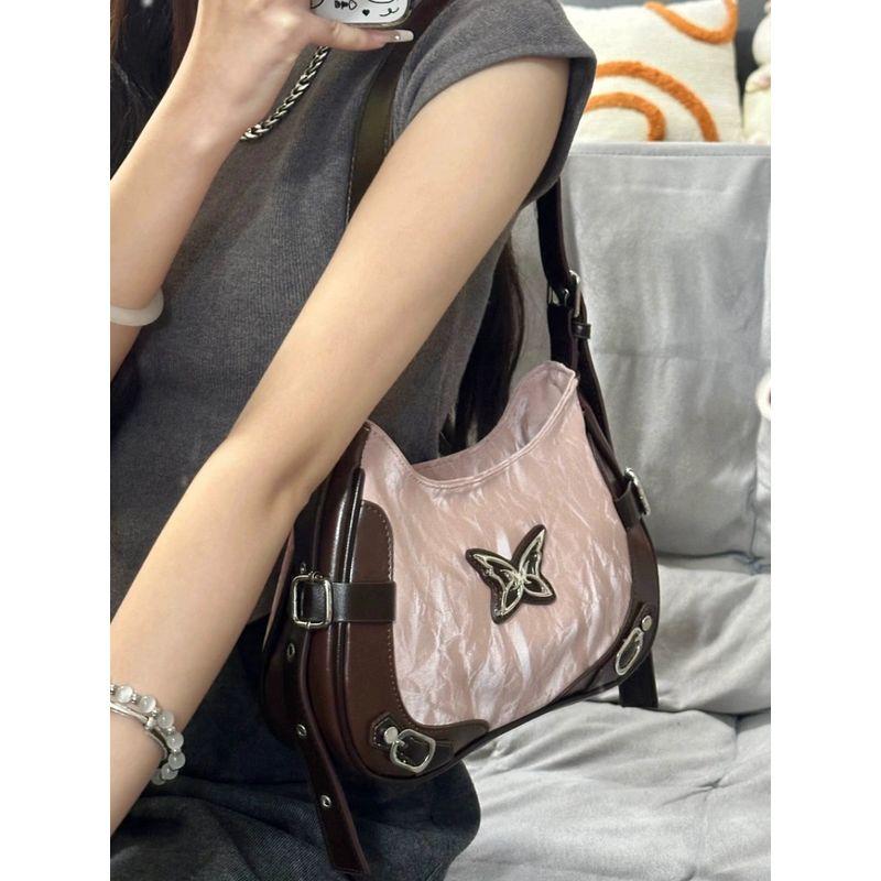 

American Butterfly Rivet Locomotive Silver Commuter Shoulder Bag Pink