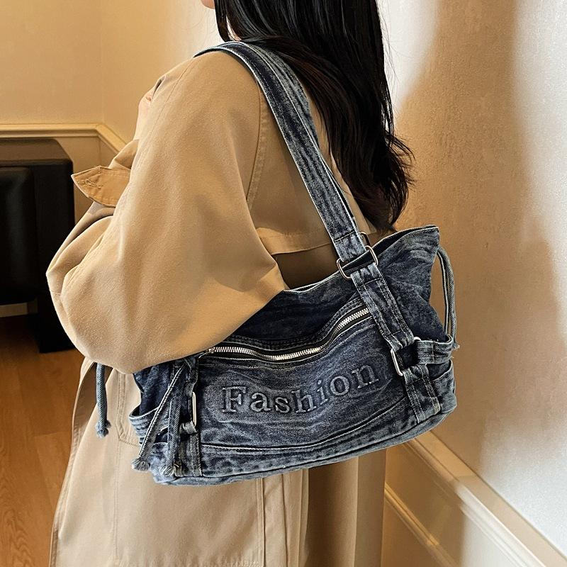 Large Capacity Commuter Tote Bag Women's Denim Shoulder Crossbody Bag