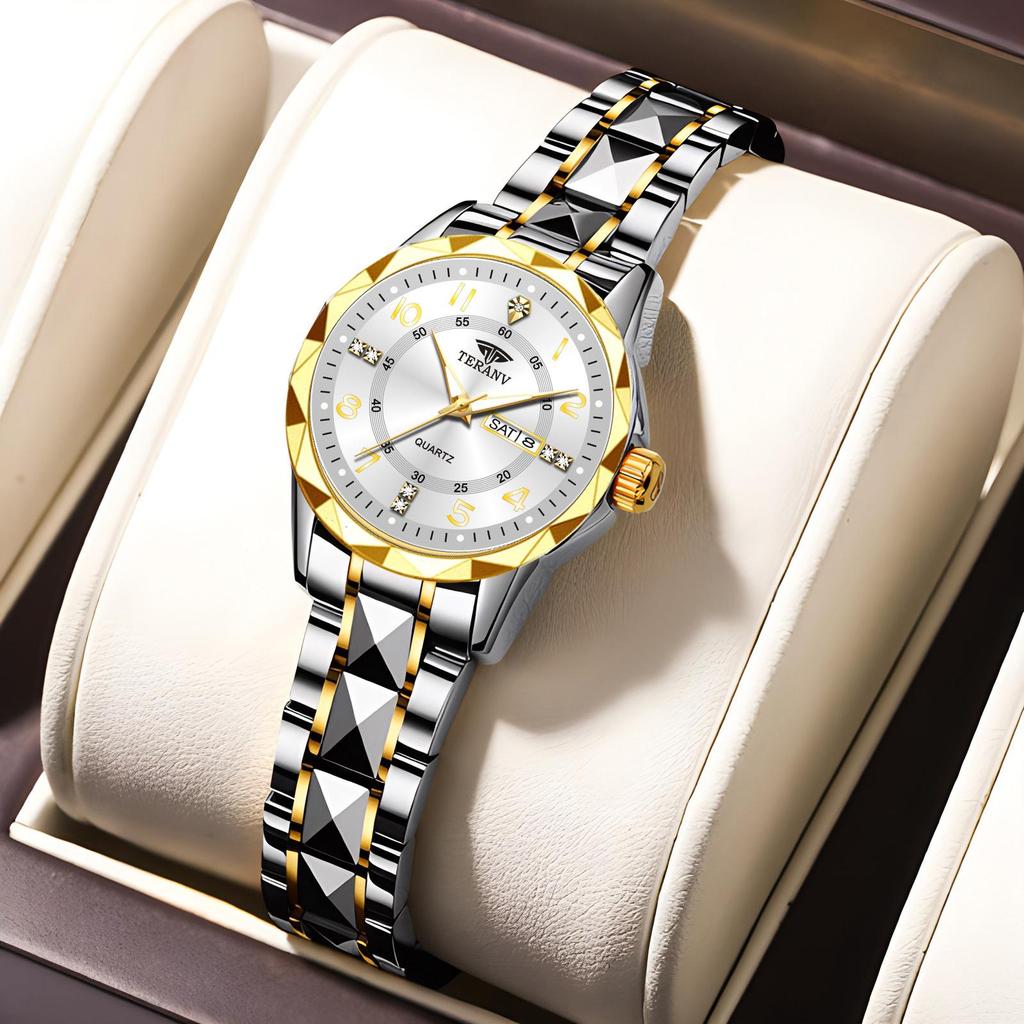Rhombus Ladies Dual Calendar Waterproof Luminous Wristwatch with Solid Strap - Fashionable Gift for Women