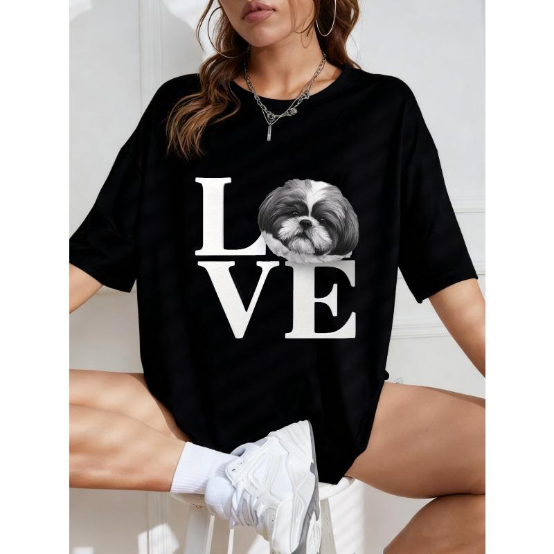 Oversized T Shirt White Love Shih Tzu Dog Print Casual Wear For Women