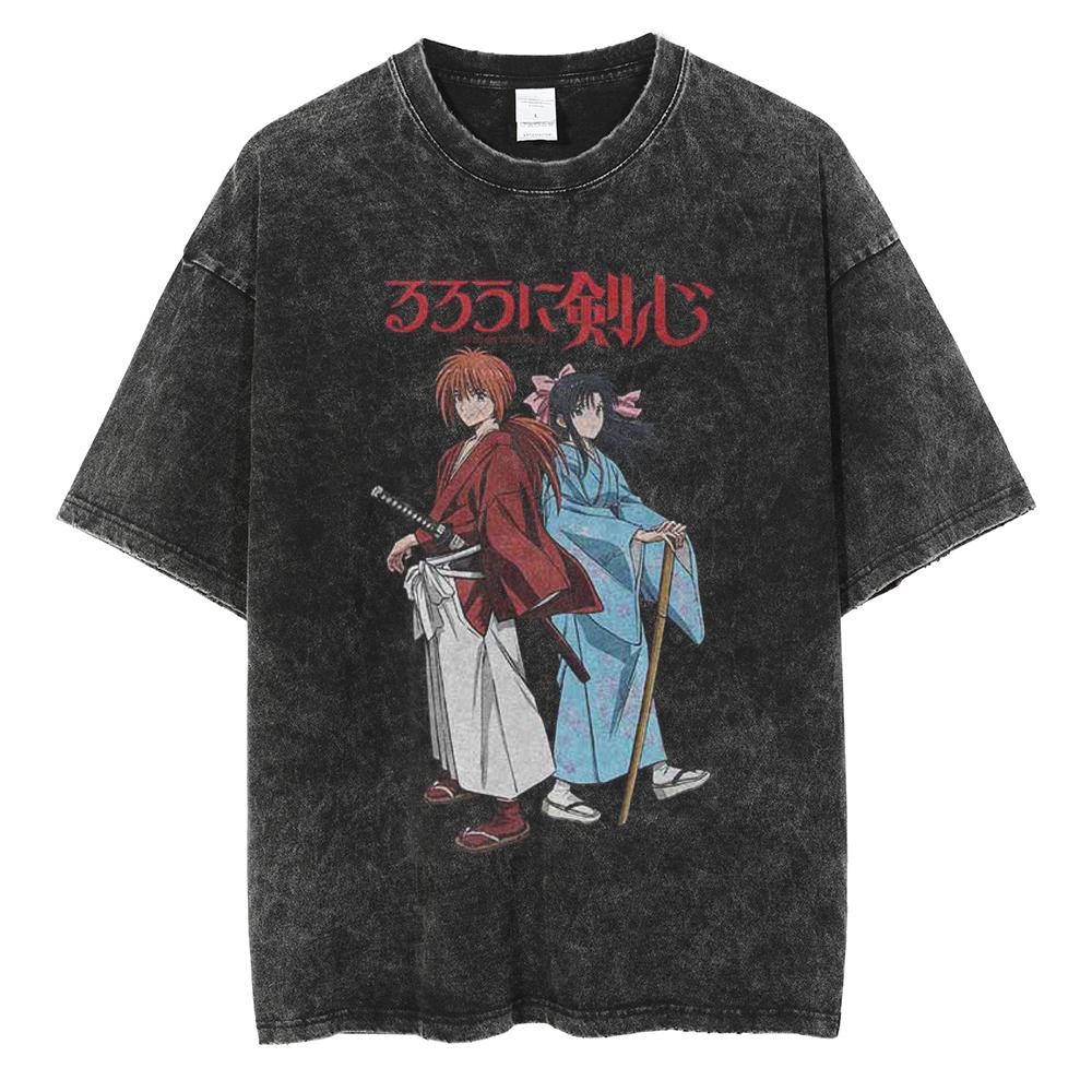 Harajuku Anime Rurouni Kenshin Himura Kenshin Print Tshirt Men Manga Oversized Tshirts Washed Cotton Tee Male Casual T Shirt
