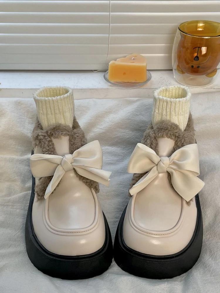 

Winter Japanese Sweet Platform Shoes Women Warm Bow Vintage Kawaii Pumps Plush Ankle Boots Female Casual Comfortable Bootes 35 бежевый