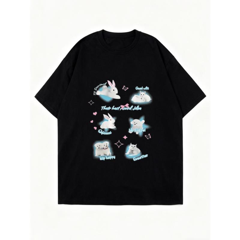 Nadměrné černé tričko s roztomilým potiskem králíka a kočky a frázemi pro běžné nošení