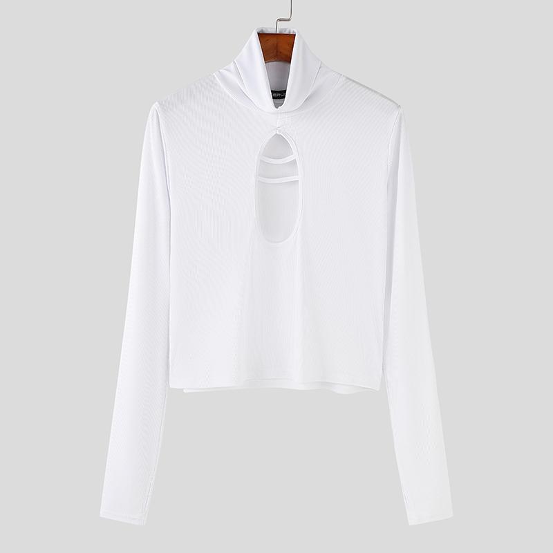 INCERUN Men High Neck Long Sleeve Fitted Tops Casual Slim Cutout Undershirts