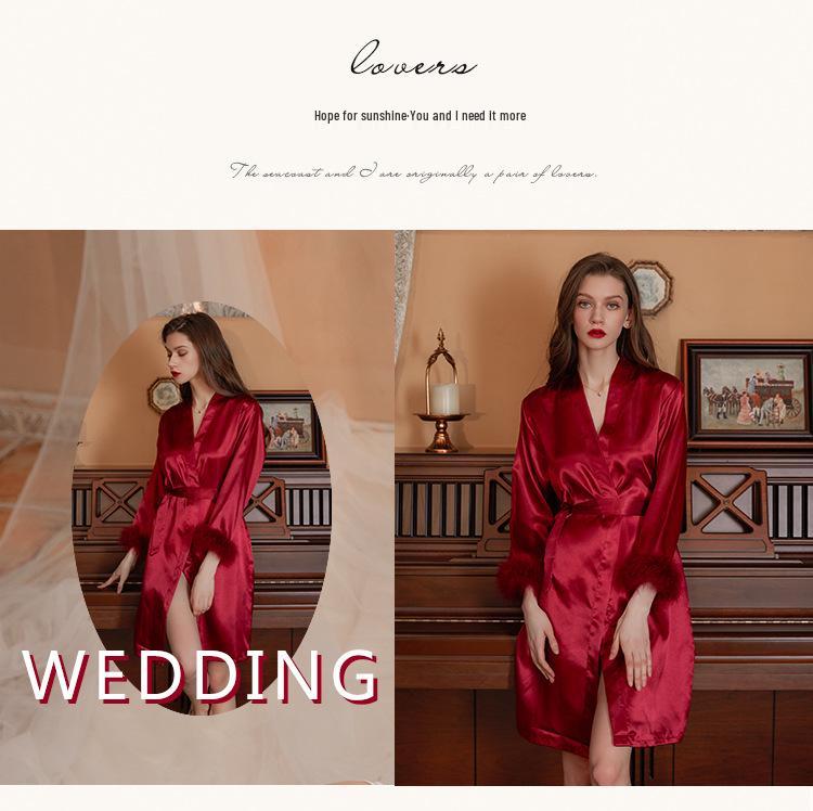 Bridal Feathered Satin Kimono Robe for Bridesmaids and Morning Prep