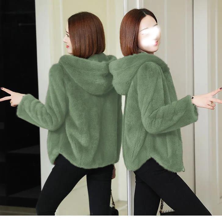 

Women s Green Hooded Faux Lambswool Cardigan: Trendy, Warm, Versatile, Plus Velvet, 2025 Autumn/Winter Collection. XL зелений