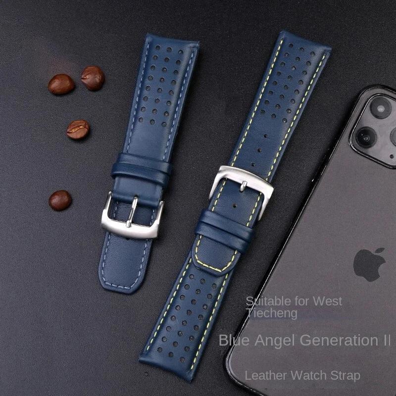 22mm 23mm Cowhide Watch Strap For CITIZEN Blue Angel Radio Wave Watch Band AT8020-54L/8020-03L/JY8078 Curved End Yellow Bracelet