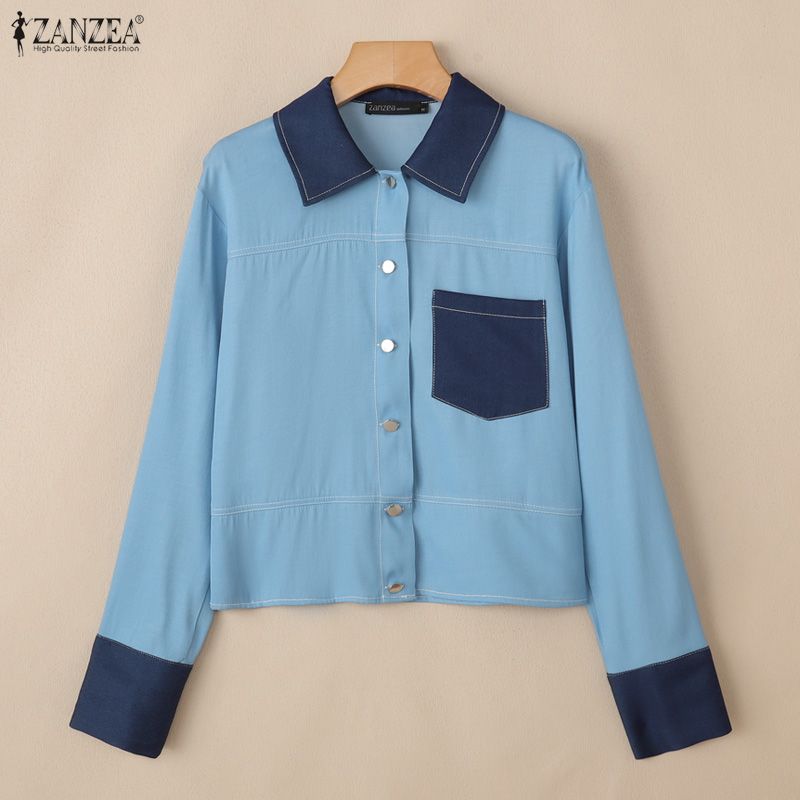 ZANZEA Damska bluzka casualowa z długim rękawem, patchworkowa, z kołnierzykiem