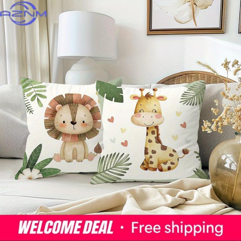 Cute Animal-Printed Pillowcases: Lion, Zebra, Elephant & Giraffe Designs! Sofa Cushion Cover Home Room Decoration