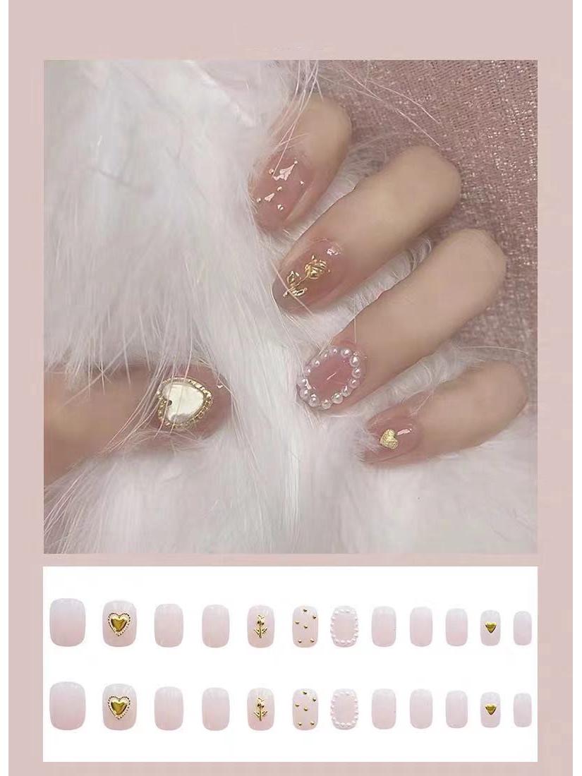 

Съемные накладные ногти Розово-жемчужного цвета - Девичий маникюрный финиш Z020 Gold Heart Rose [Glue Version]