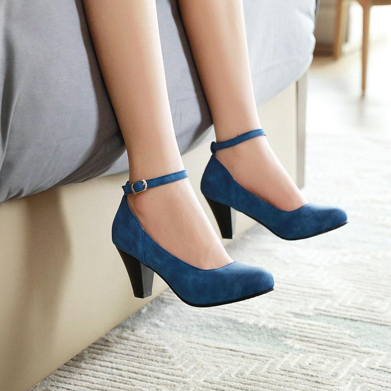 Women High Pumps Ankle Strap Retro Female Thick High Heels Womens Shoes Suede Ladies Black Office Shoes 33-46