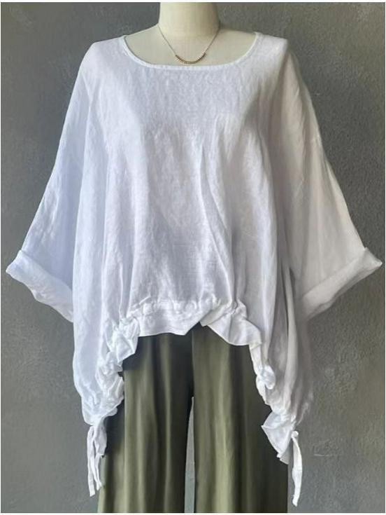 Hot Selling Loose Cotton Linen Round Neck Drop Shoulder Pullover