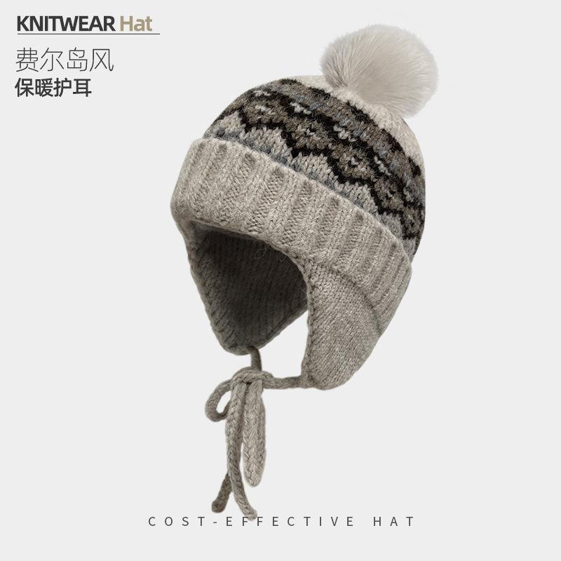 Vintage Fair Island Hat Women'S Windproof And Cold-Proof Wool Hat Warm Ear Protector Lei Feng Hat Show Face Small Knitted Hat