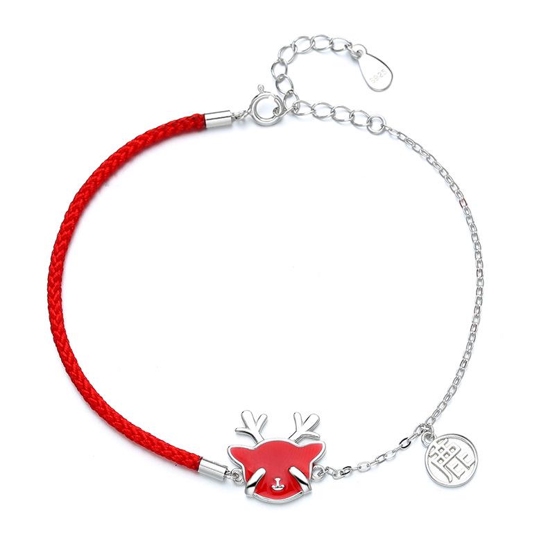 S925 Sterling Silver Antler Bracelet with Temperature-Sensitive Color Change, Woven Red Rope, Chinese Style Women's Christmas Jewelry Gift.