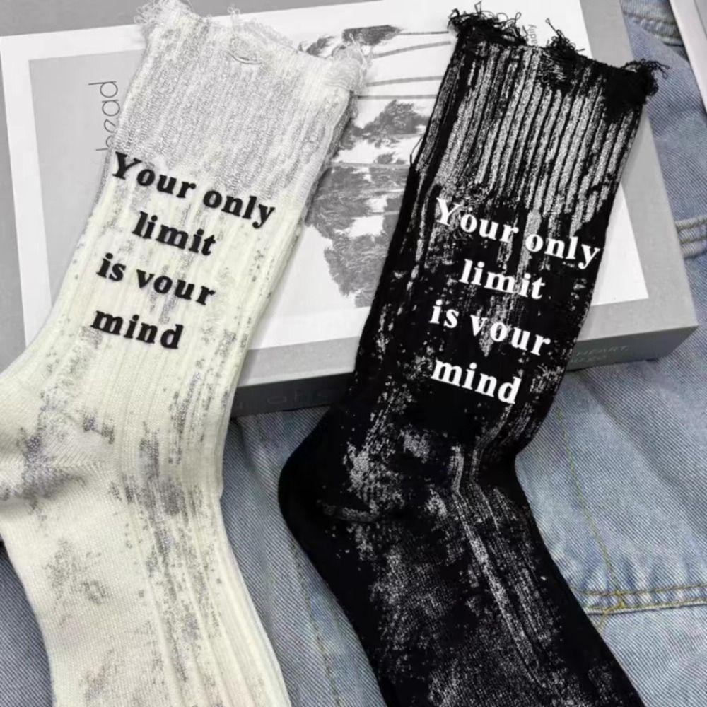Ripped Hollow Socks Womne Letter Punk Tube Sock Unique Painted Cotton Socks Winter