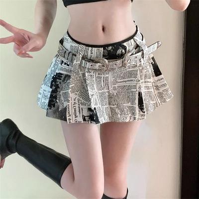Vintage Print Mini Skirt Women Y2K 2000S Low Rise Pleated Skirts Summer Harajuku Korean Casual All Match A Line Skirt