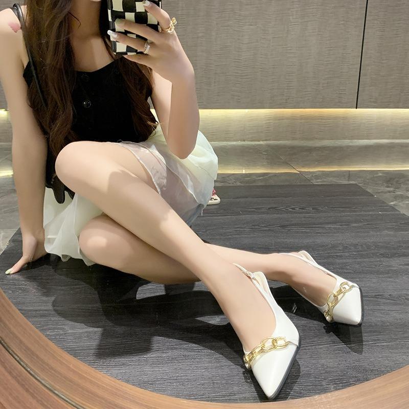 New Baotou sandals women's summer metal chain pointed stiletto high heels design sense