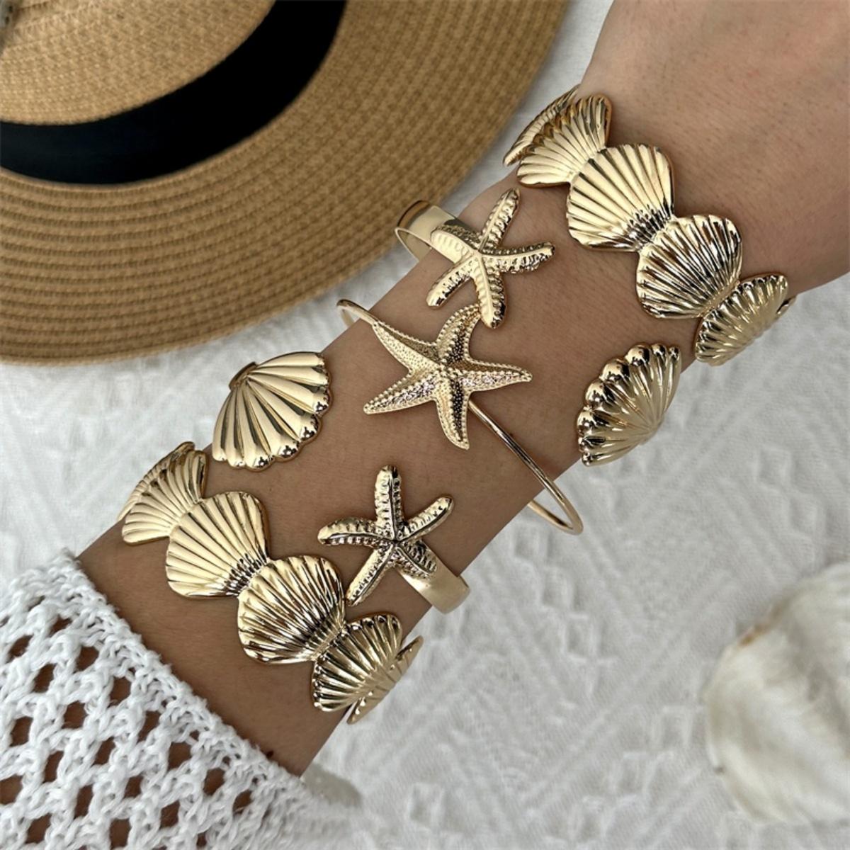 

Summer Metal Starfish Shell Multilayer Stackable Bracelets Set For Women Men Summer Boho Ocean Beach Star Bangle Zircon