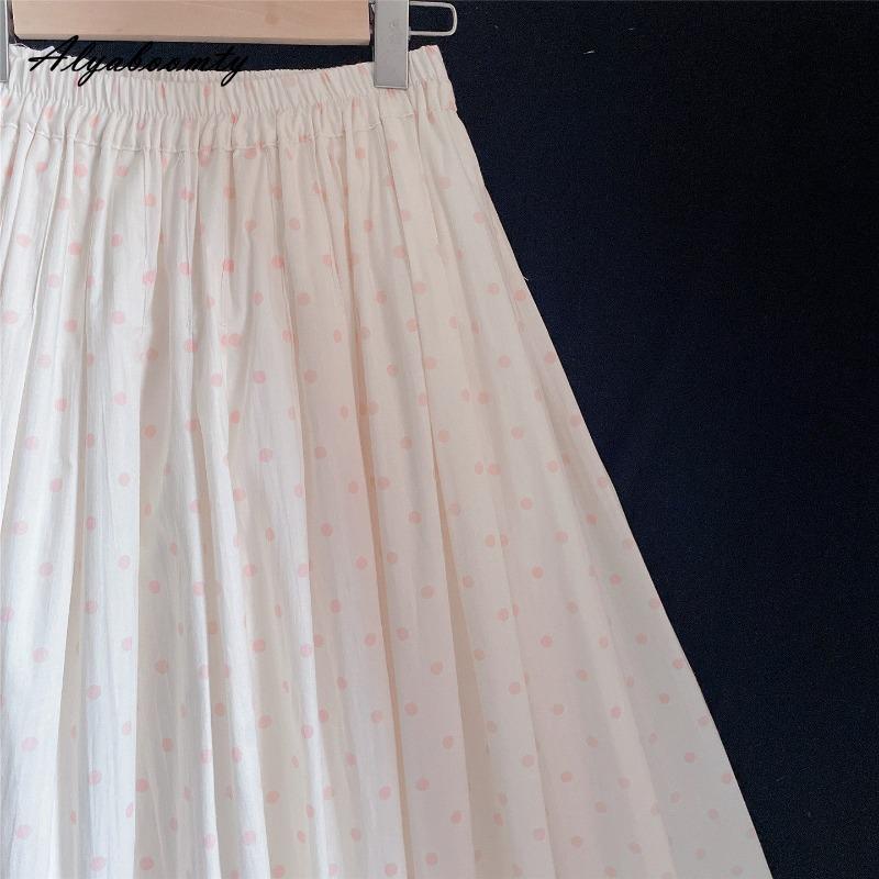 Korean Style Summer Spring Women Cotton Midi Skirt High Waist Polka Dot Contrast Color Sweet Skirt Elegant Feminine Basic Ladies' Skirt