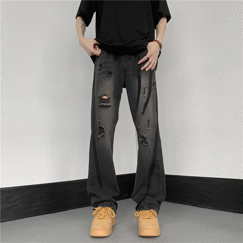 Ripped jeans men's summer loose straight large size ancient high pants