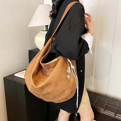 Faux Suede Shoulder Bag for Women Casual Bag Monochromatic Zipper Large Capacity Trendy