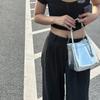 Top-Handle Bag for Women Simple Silver Bucket Bags Casual Ladies Black PU Leather Handbags Mini Bag Square Purse Fashion