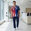 Men's Short Sleeve V Neck Medical Scrub Top with Chest Pocket and Two Side Pockets for Healthcare Professionals Patriotic Print