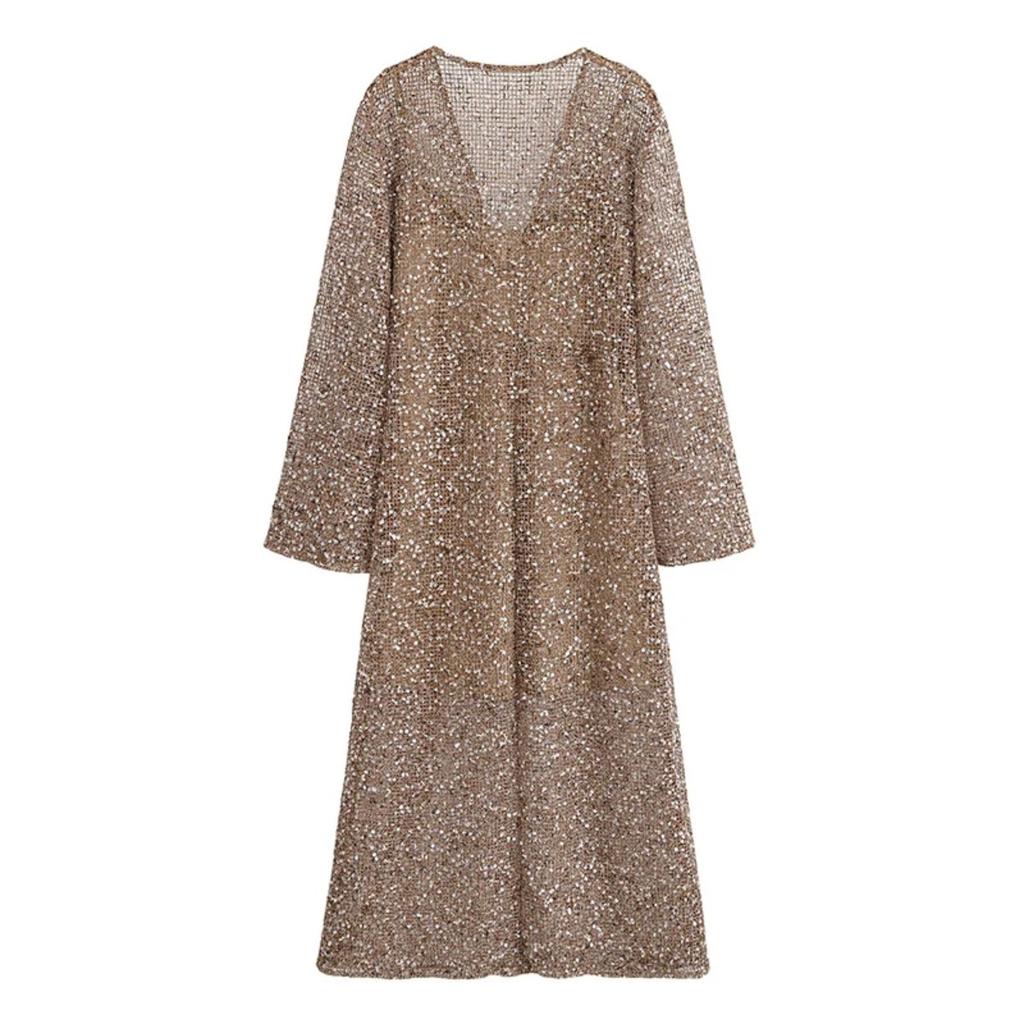 LYRIA Sexy Sequined Long Pleated Dress Women Deep V-neck Full Sleeve See Through Dresses Summer Lady Party Evening Dresses