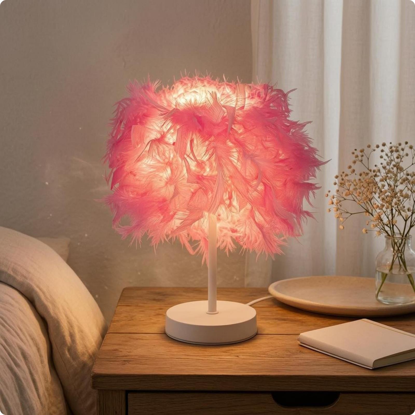 Feather Table Lamp Decorative Bedside Corded House Lighting for Tabletop Pink Wht Usb