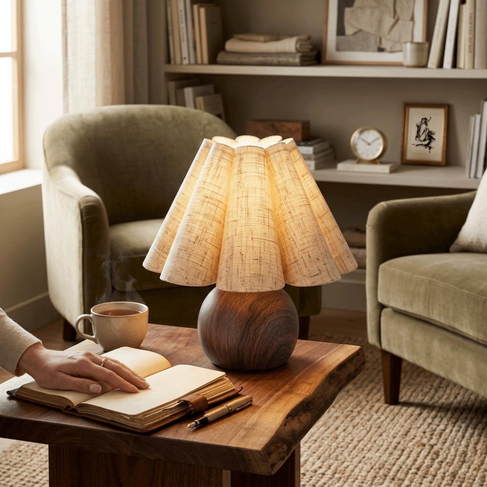 Brass Gold Table Lamp Walnut Wood Grain Night Light Shelves Ambient Night Light Living Room Decor