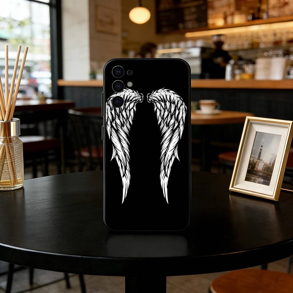 Angel wings Phone Case Black Silicone Soft For Samsung S25,S24,S21,S22,S23,S30,Ultra,S20,Plus,Fe,Lite