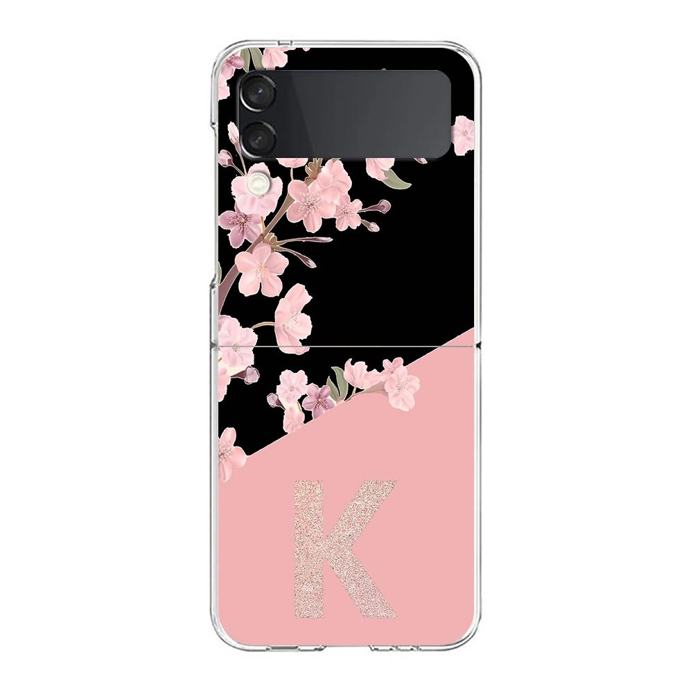 Pink Letter Flower Phone Case For Samsung Galaxy Z Flip 3 4 5 Hard Folding Clear PC Bumper For Samsung Z Flip3 Transparent Cover
