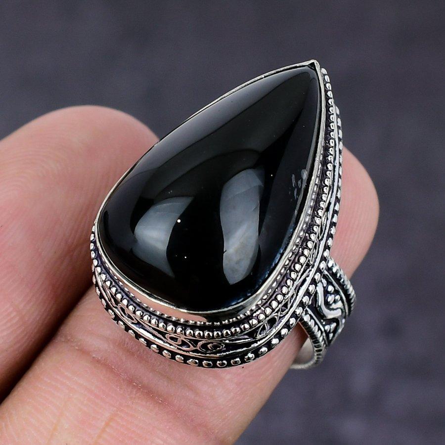 Anello in Argento Sterling 925 Fatto a Mano con Pietra di Onice Nera Misura 7.5 h3J26
