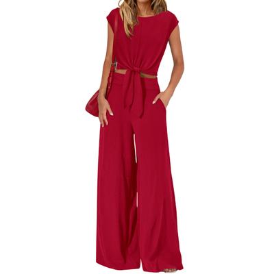 2026 Sleeveless V-neck Lace-up Women's Set: Cropped Wide-leg Pants for Spring/Summer Casual Fashion