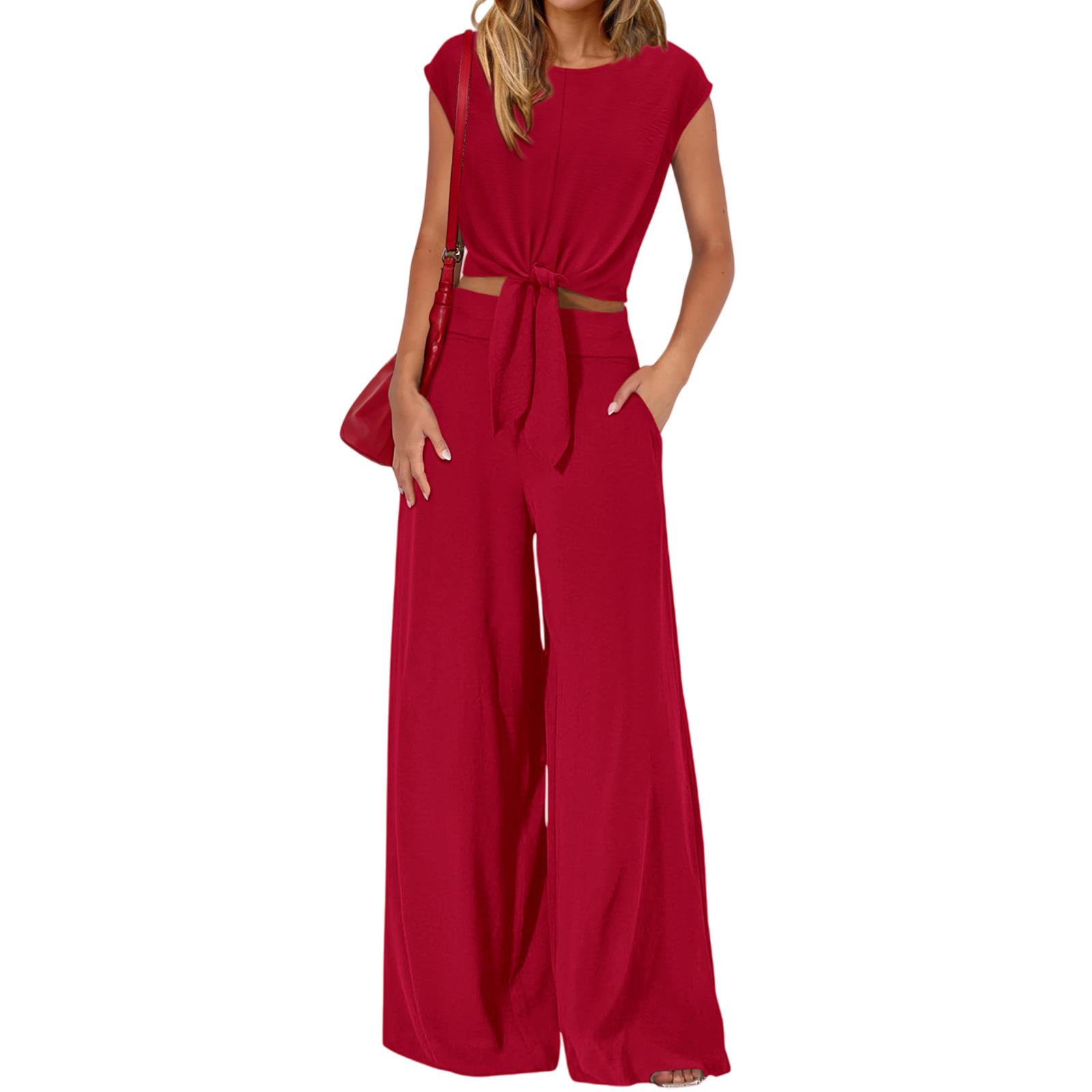 

2026 Spring/Summer European & American Sleeveless Women s V-Neck Lace-up Cropped Wide-leg Pants Set Large