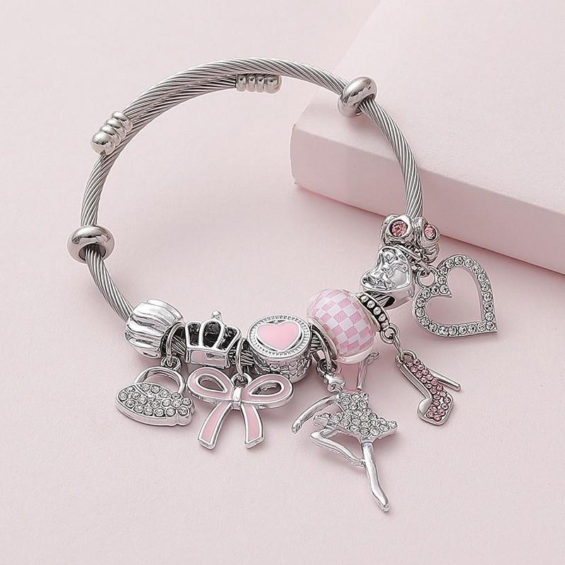 Sweet And Cool Princess Style Pink Butterfly Pendant, Light Luxury Full Diamond High Heels, Ballet Love Diy Opening Bracelet
