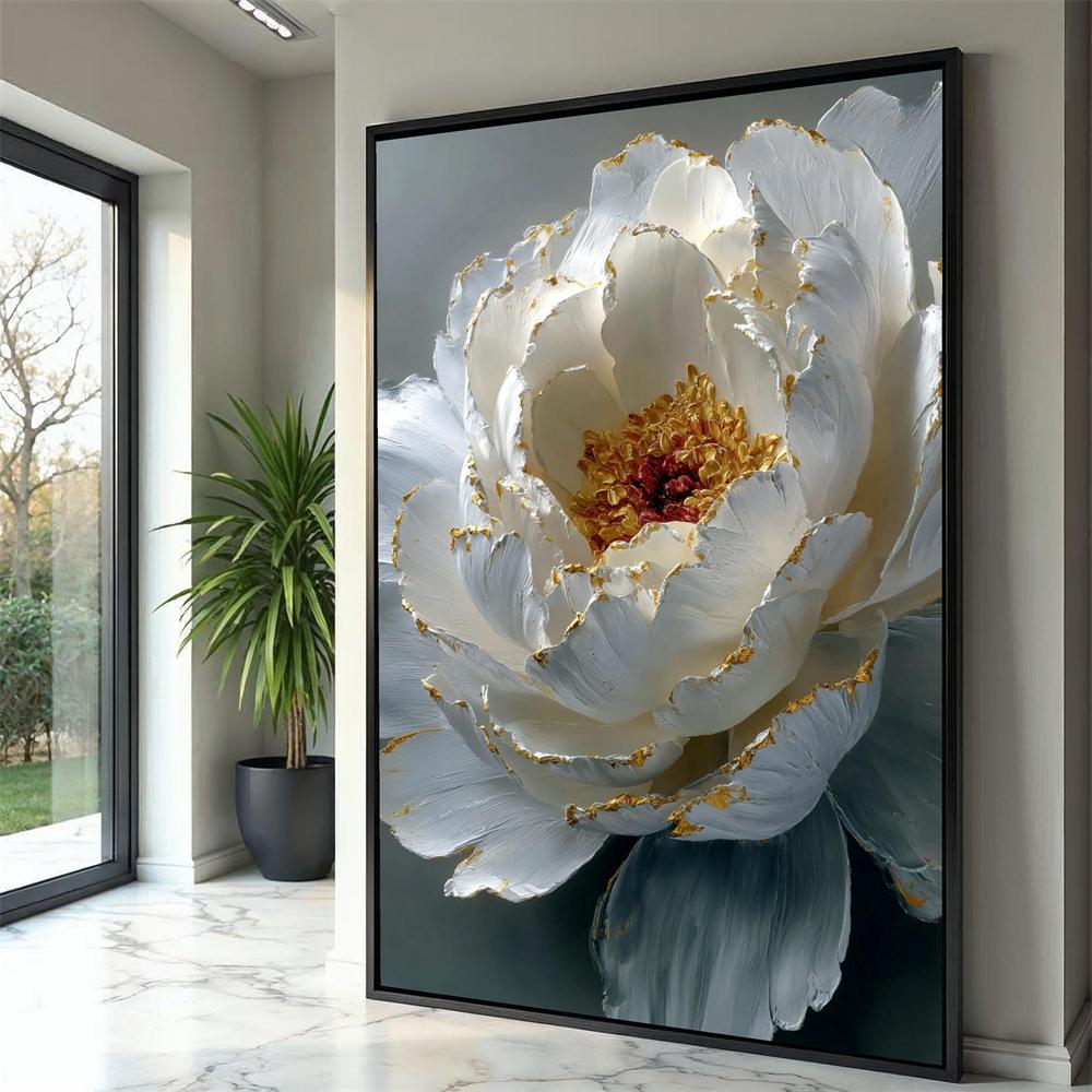 White Peony Canvas Art Painting Gold Accent Floral Painting Prints Large Botanical Poster Large Floral Painting Botanical Art 21X30CMNo Framed