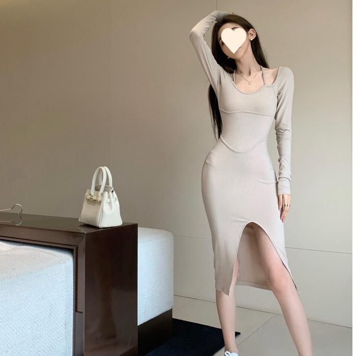Black Split Sexy Neck Dress Women's Autumn Spice Girl Long Sleeve Slim Irregular Medium and Long Hip Wrap Skirt